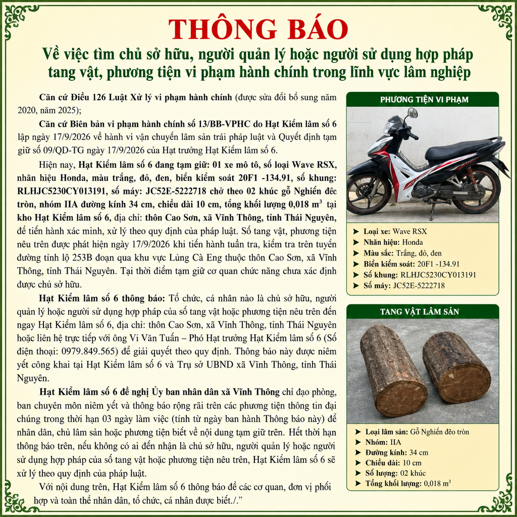 THÔNG BÁO VỀ VIỆC TÌM CHỦ SỞ HỮU, NGƯỜI QUẢN LÝ HOẶC NGƯỜI SỬ DỤNG HỢP PHÁP TANG VẬT, PHƯƠNG TIỆN VI PHẠM HÀNH CHÍNH TRONG LĨNH VỰC LÂM NGHIỆP