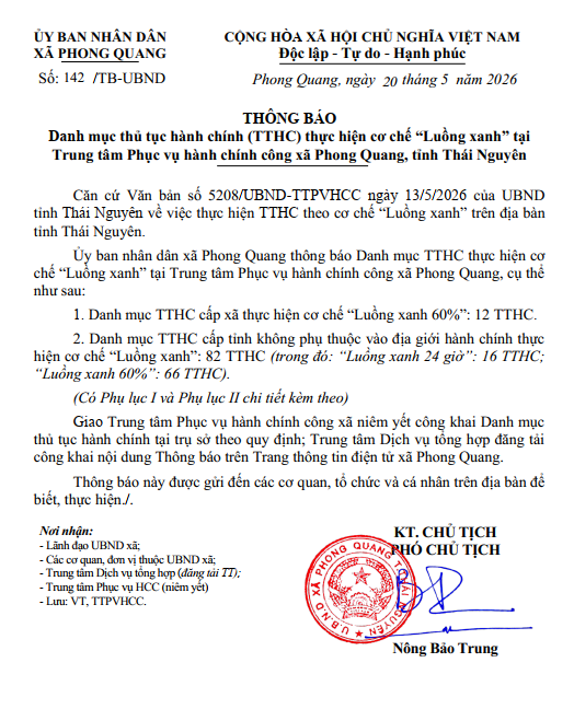 THÔNG BÁO Danh mục thủ tục hành chính (TTHC) thực hiện cơ chế “Luồng xanh” tại Trung tâm Phục vụ hành chính công xã Phong Quang, tỉnh Thái Nguyên