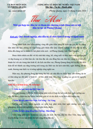 Thư mời Mời gọi hợp tác đầu tư và tham dự chương trình khảo sát cơ hội đầu tư tại xã Phong Quang