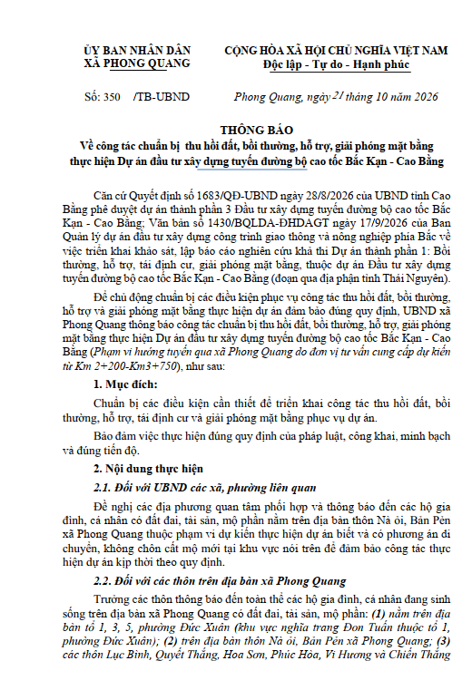 THÔNG BÁO Về công tác chuẩn bị thu hồi đất, bồi thường, hỗ trợ, giải phóng mặt bằng thực hiện Dự án đầu tư xây dựng tuyến đường bộ cao tốc Bắc Kạn - Cao Bằng