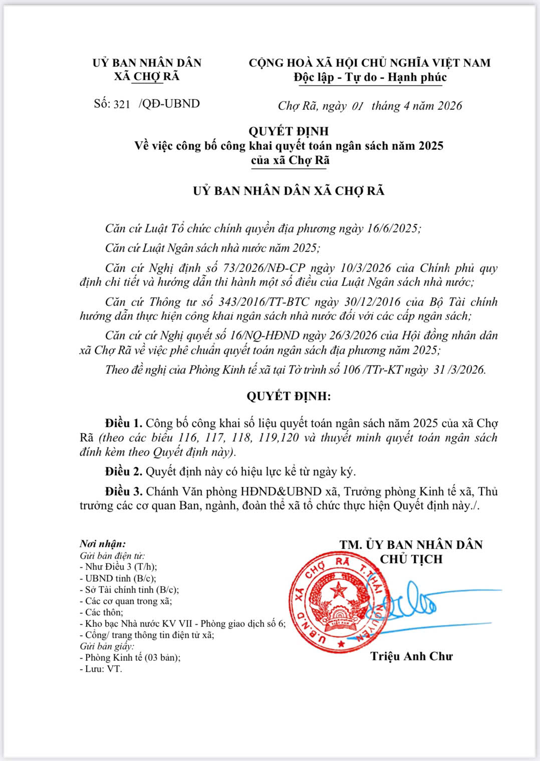 Quyết định về việc công bố công khai quyết toán ngân sách năm 2025 của xã Chợ Rã