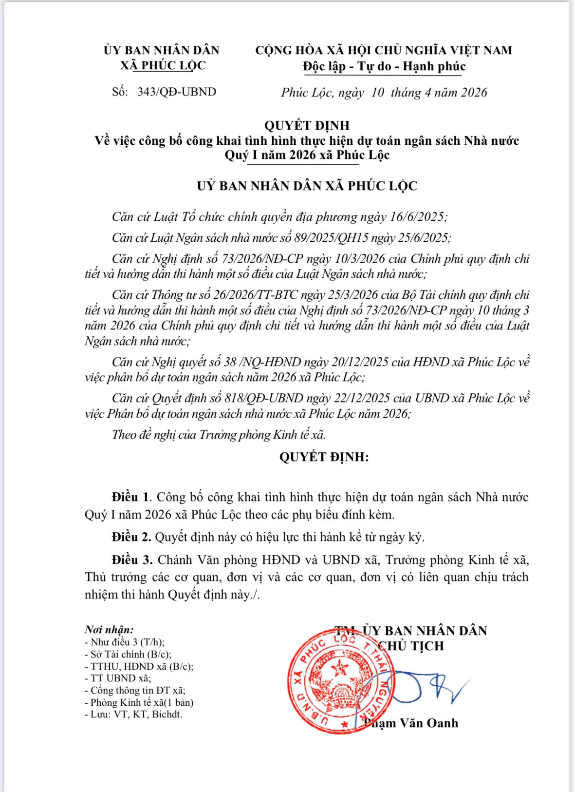 QUYẾT ĐỊNH  Về việc công bố công khai tình hình thực hiện dự toán ngân sách Nhà nước  Quý I năm 2026 xã Phúc Lộc