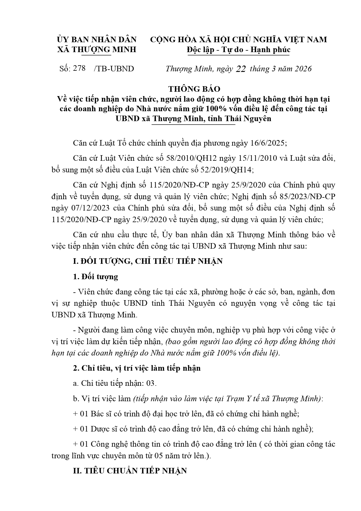 THÔNG BÁO VỀ VIỆC TIẾP NHẬN VIÊN CHỨC, NGƯỜI LAO ĐỘNG ĐẾN CÔNG TÁC TẠI UBND XÃ THƯỢNG MINH 