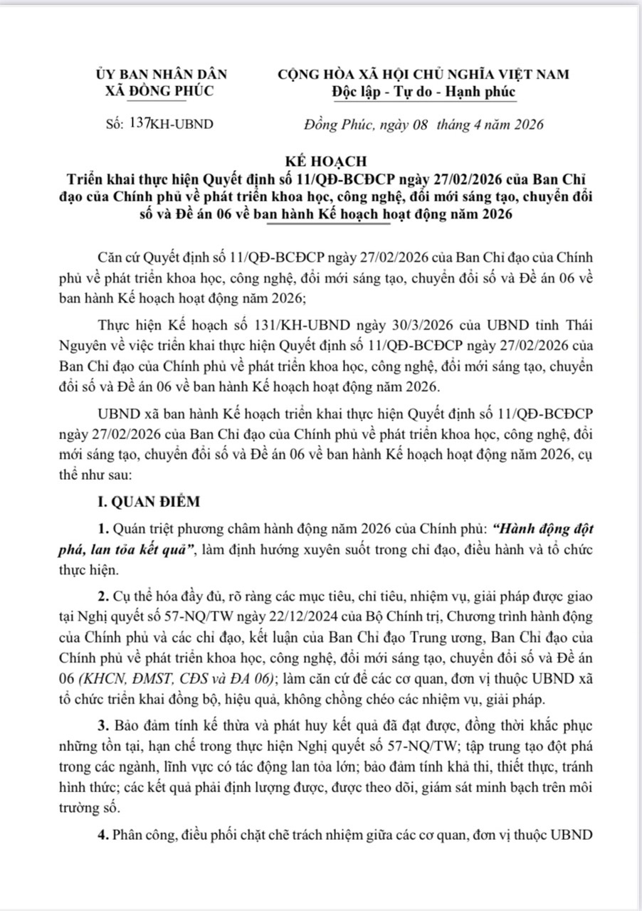 Kế hoạch tổ chức triển khai thực hiện Quyết định số 11/QĐ-BCĐCP ngày 27/02/2026 của BCĐ Chính phủ về phát triển khoa học, công nghệ, đổi mới sáng tạo, chuyển đổi số và Đề án 06 về ban hành Kế hoạch hoạt động năm 2026
