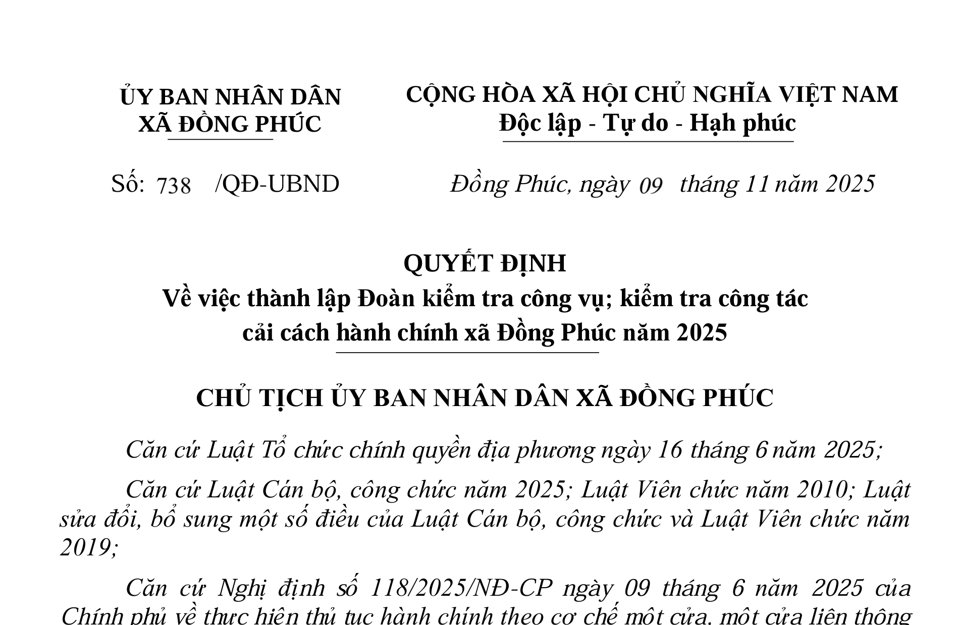 QUYẾT ĐỊNH THÀNH LẬP ĐOÀN KIỂM TRA CÔNG VỤ, KIỂM TRA CÔNG TÁC CẢI CÁCH HÀNH CHÍNH XÃ ĐỒNG PHÚC NĂM 2025