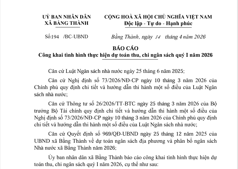 BÁO CÁO  Công khai tình hình thực hiện dự toán thu, chi ngân sách quý I năm 2026