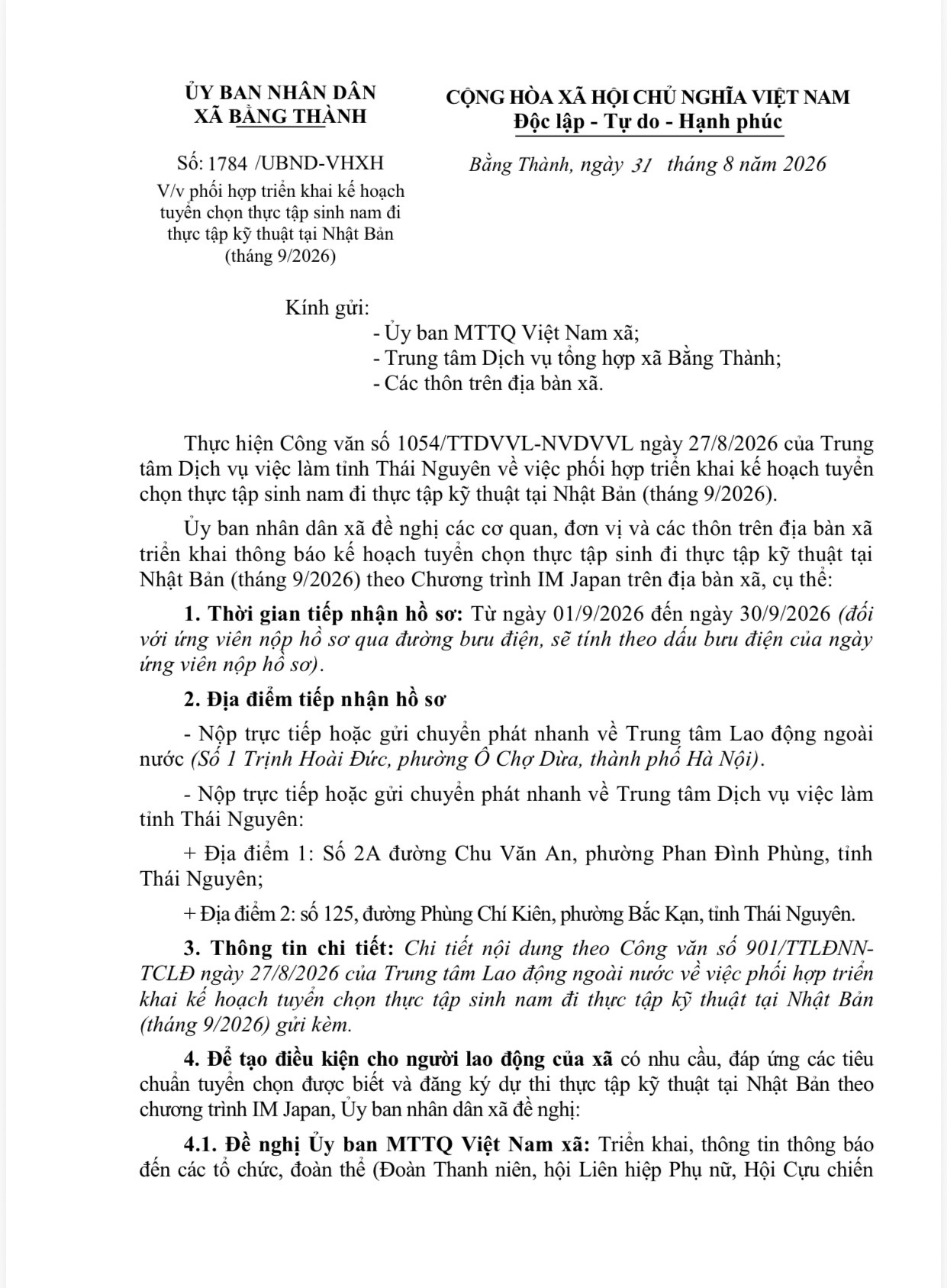 V/v phối hợp triển khai kế hoạch tuyển chọn thực tập sinh nam đi thực tập kỹ thuật tại Nhật Bản (tháng 9/2026)