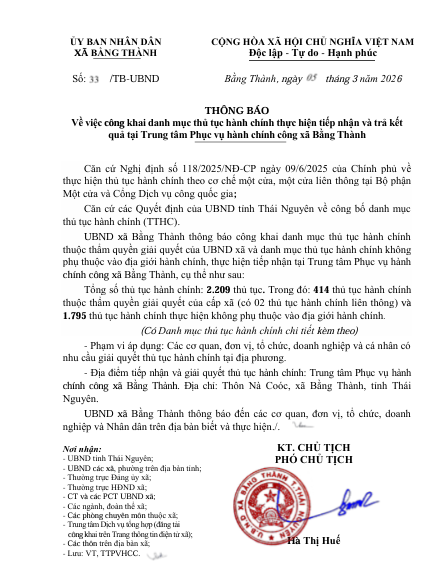 Thông báo: Công khai danh mục thủ tục hành chính thực hiện tiếp nhận và trả kết quả tại Trung tâm Phục vụ hành chính công xã Bằng Thành