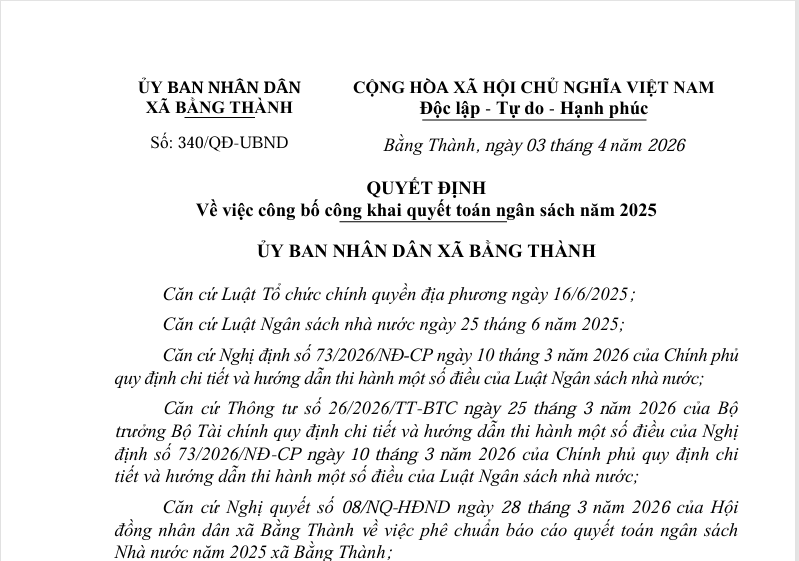 QUYẾT ĐỊNH  Về việc công bố công khai quyết toán ngân sách năm 2025 