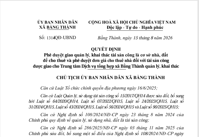 QUYẾT ĐỊNH  Phê duyệt giao quản lý, khai thác tài sản công là cơ sở nhà, đất   để cho thuê và phê duyệt đơn giá cho thuê nhà đối với tài sản công   được giao cho Trung tâm Dịch vụ tổng hợp xã Bằng Thành quản lý, khai thác