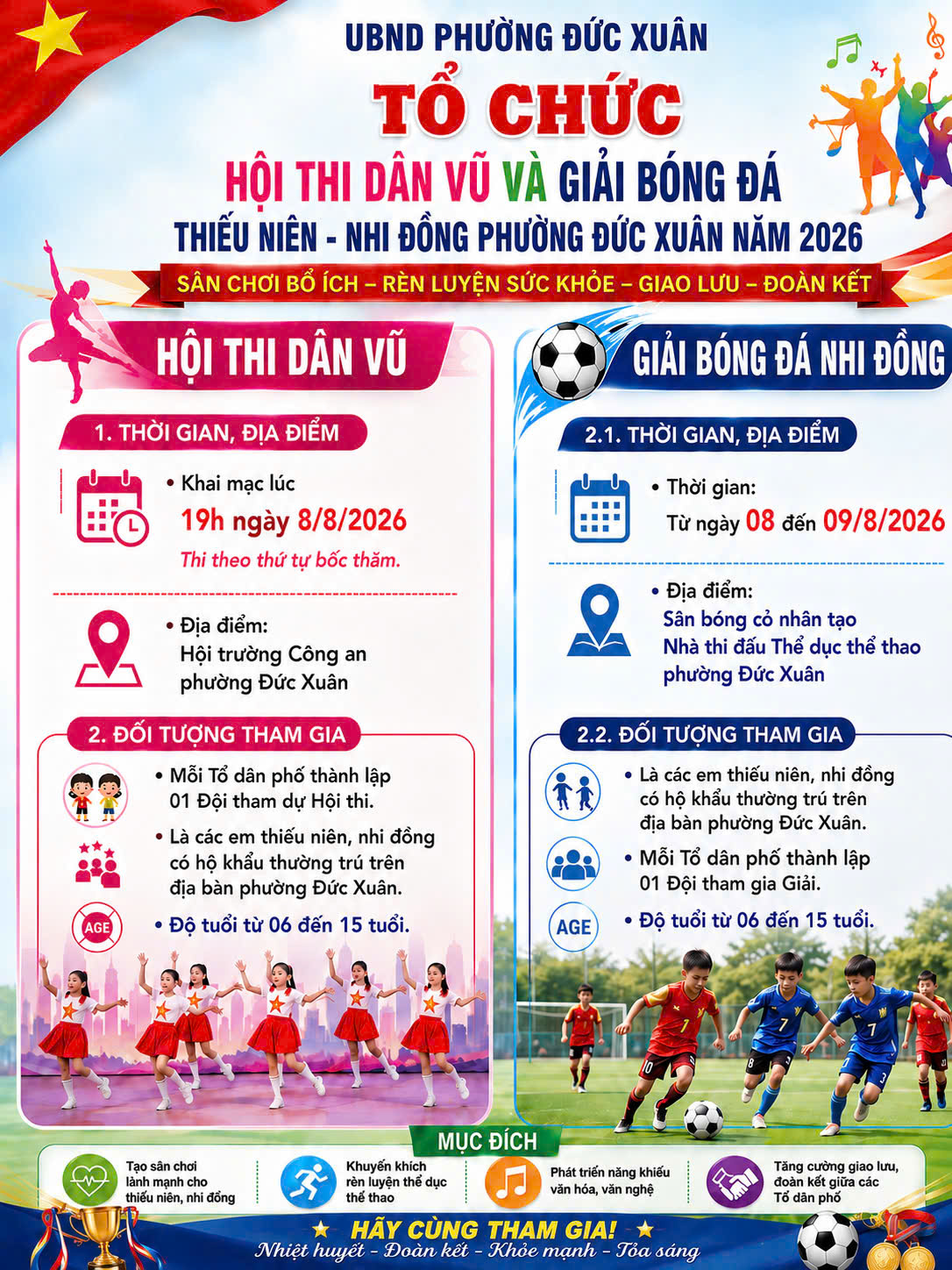 PHƯỜNG ĐỨC XUÂN TỔ CHỨC HỘI THI DÂN VŨ VÀ GIẢI BÓNG ĐÁ THIẾU NIÊN – NHI ĐỒNG NĂM 2026