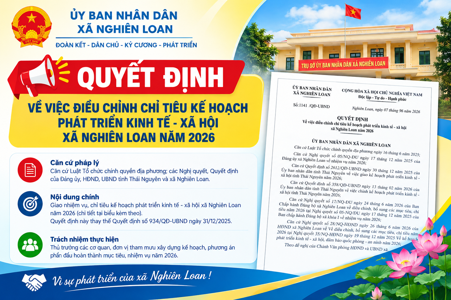 Quyết định về việc điều chỉnh chỉ tiêu kế hoạch phát triển kinh tế - xã hội   xã Nghiên Loan năm 2026 