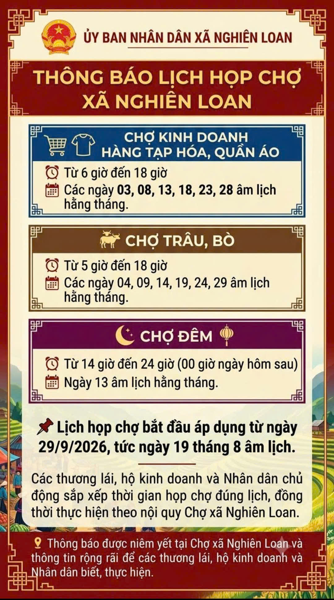 THÔNG BÁO LỊCH HỌP CHỢ XÃ NGHIÊN LOAN