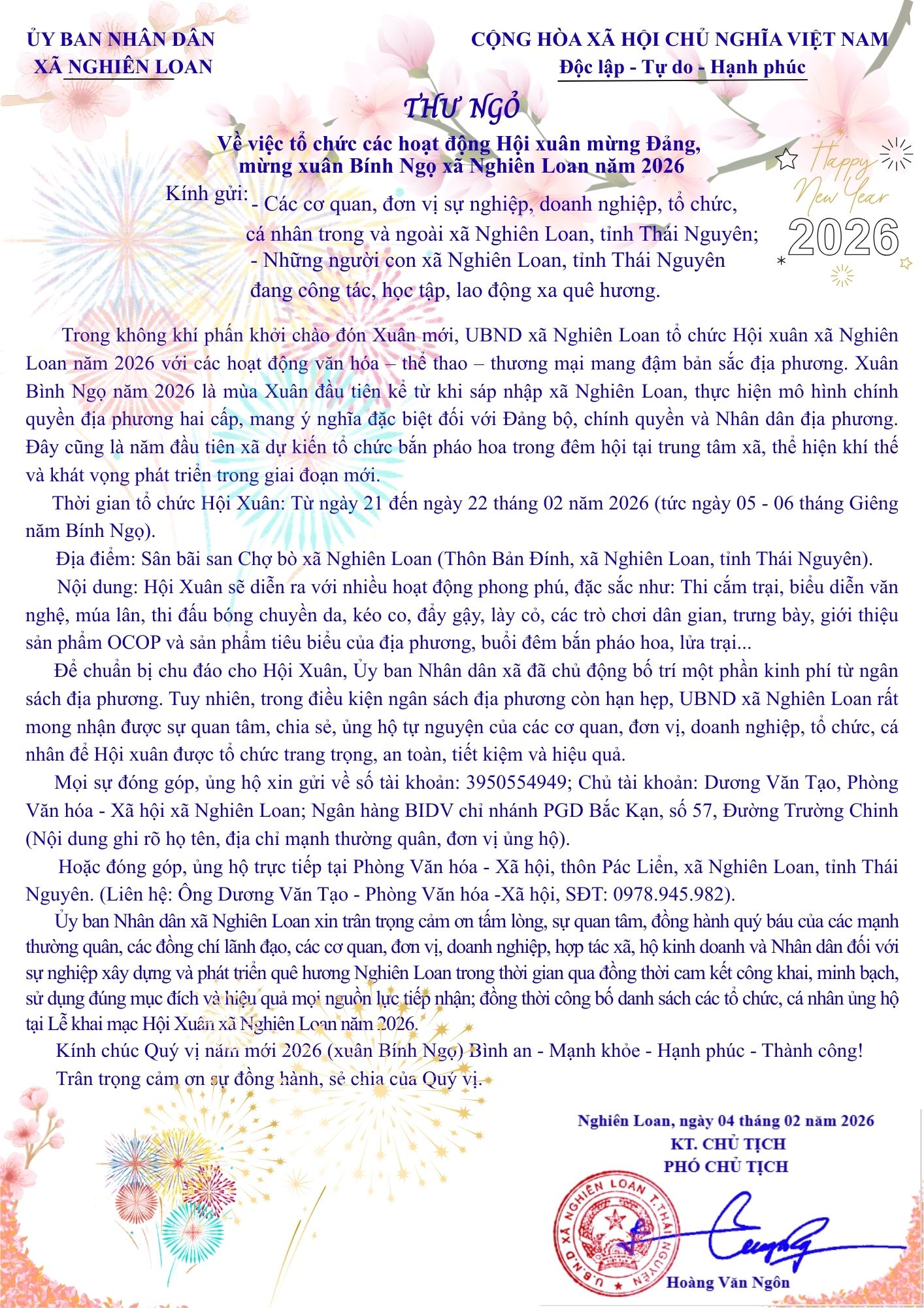 THƯ NGỎ VỀ VIỆC TỔ CHỨC HỘI XUÂN BÍNH NGỌ XÃ NGHIÊN LOAN NĂM 2026