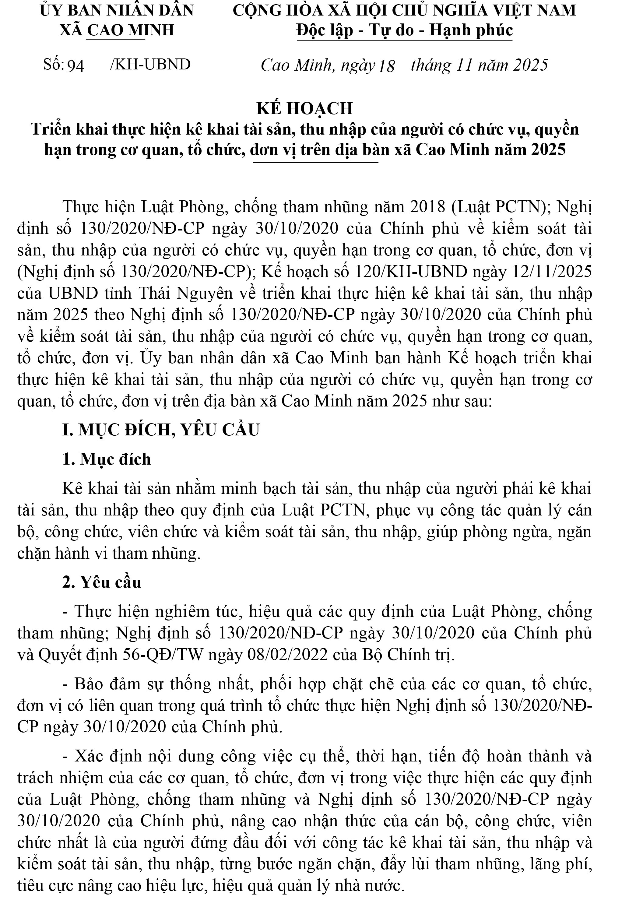 Kế hoạch Triển khai thực hiện kê khai tài sản, thu nhập của người có chức vụ, quyền hạn trong cơ quan, tổ chức, đơn vị trên địa bàn xã Cao Minh năm 2025