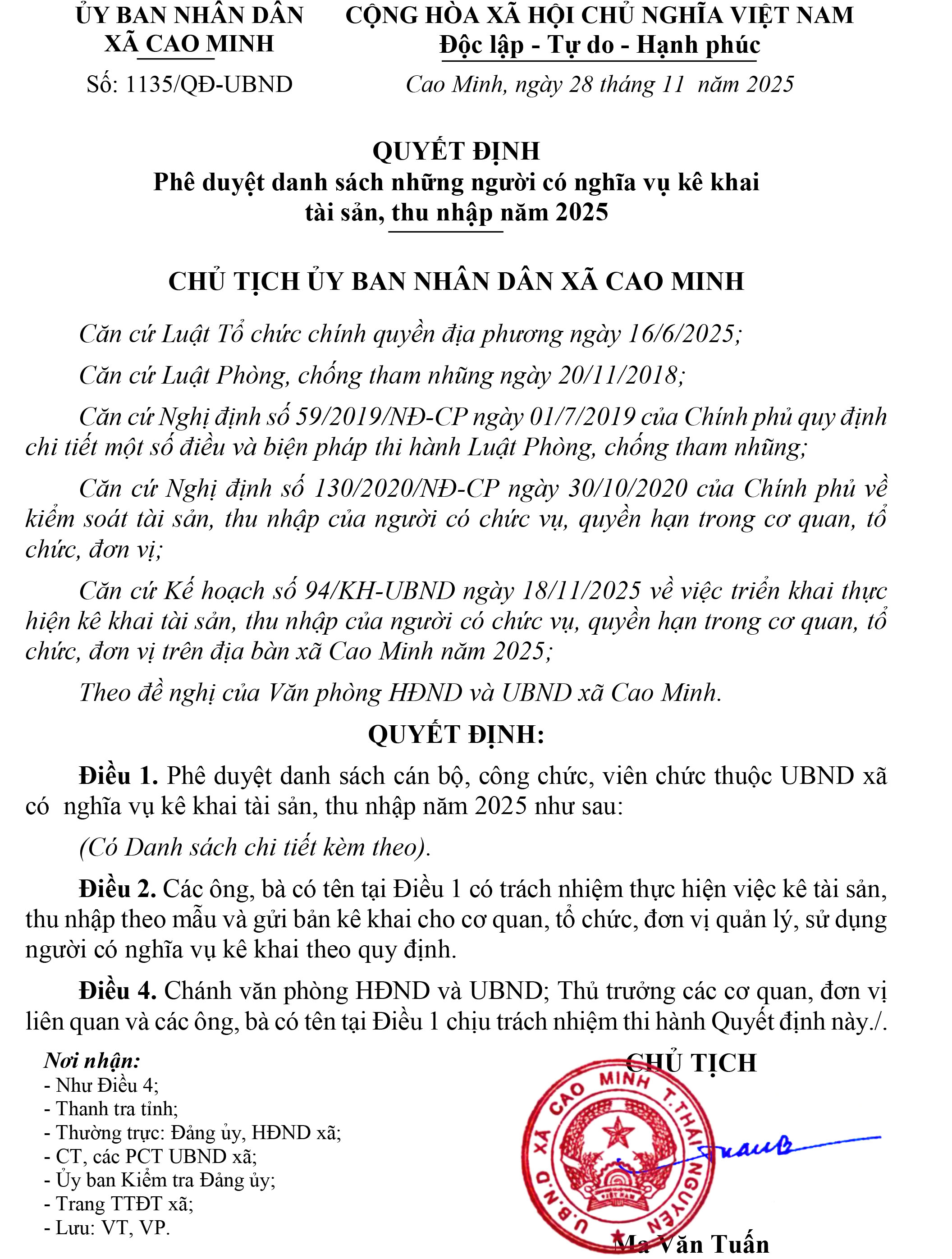 Quyết định Phê duyệt danh sách những người có nghĩa vụ kê khai tài sản, thu nhập năm 2025