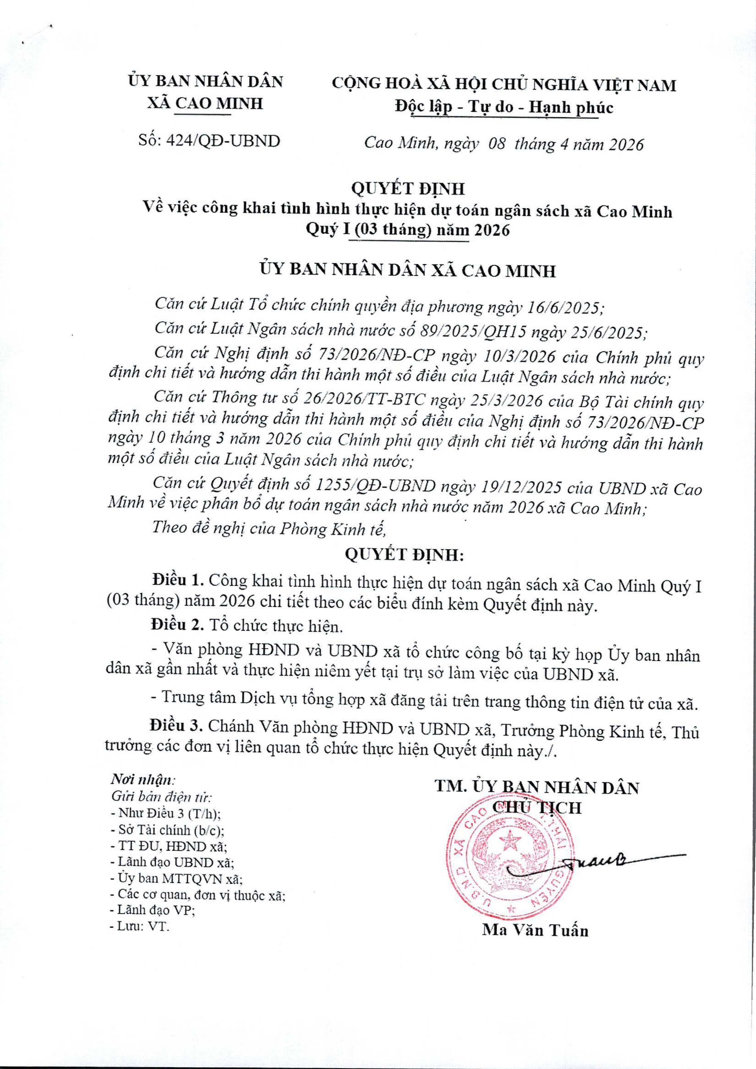 Công khai dự toán ngân sách xã Cao Minh Quý I