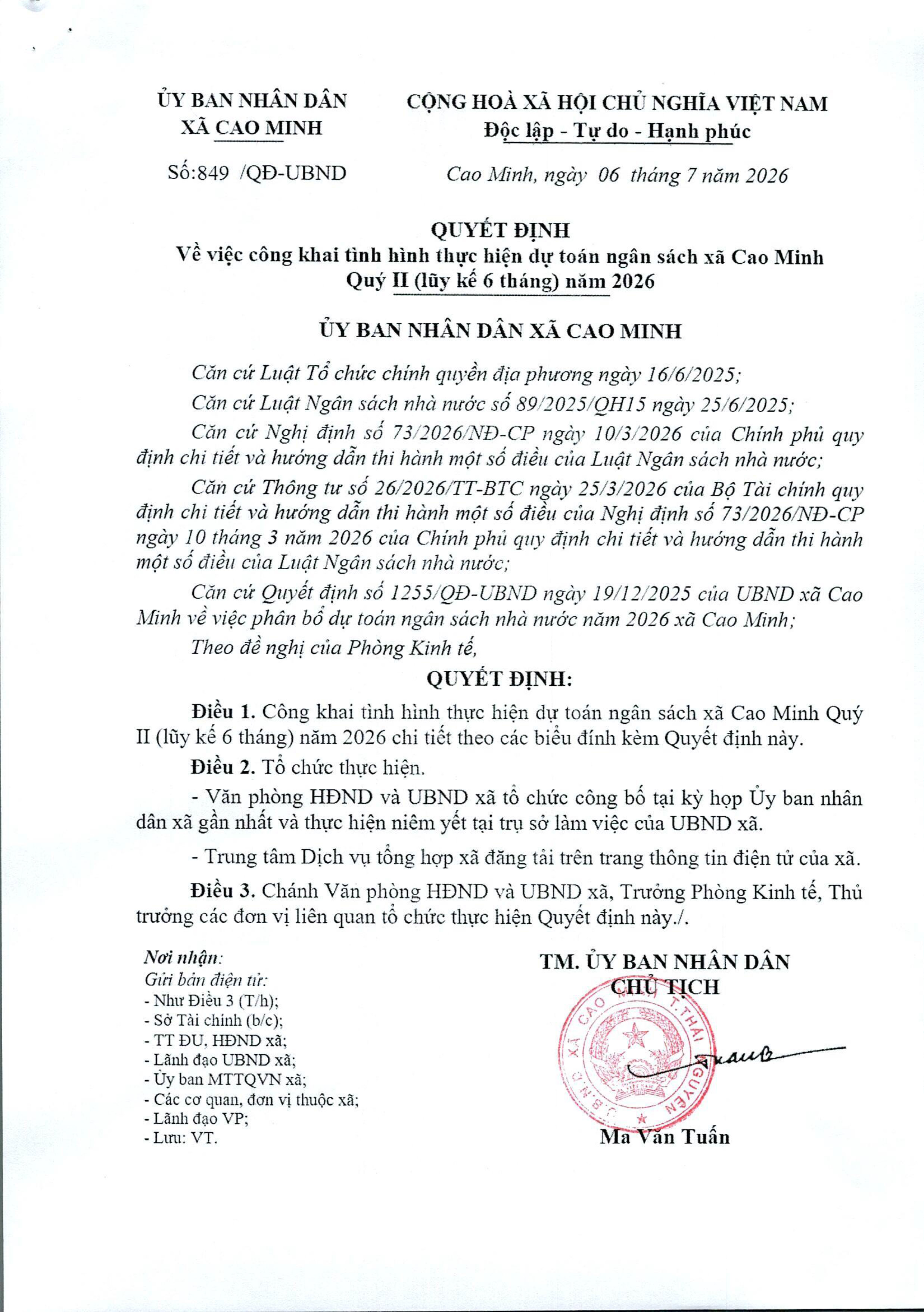 Công khai dự toán ngân sách xã Cao Minh Quý II (luỹ kế 6 tháng)