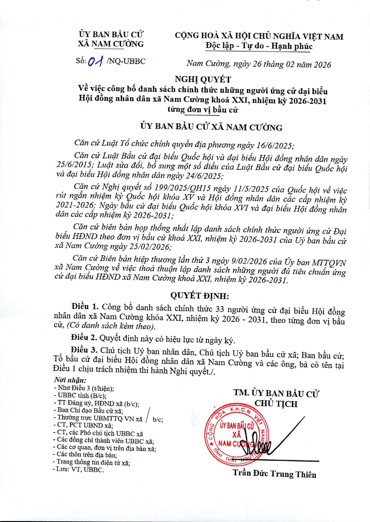 Nghị quyết công bố danh sách chính thức những người ứng cử Hội đồng nhân dân xã Nam Cường khoá XXI nhiệm kỳ 2026-2031