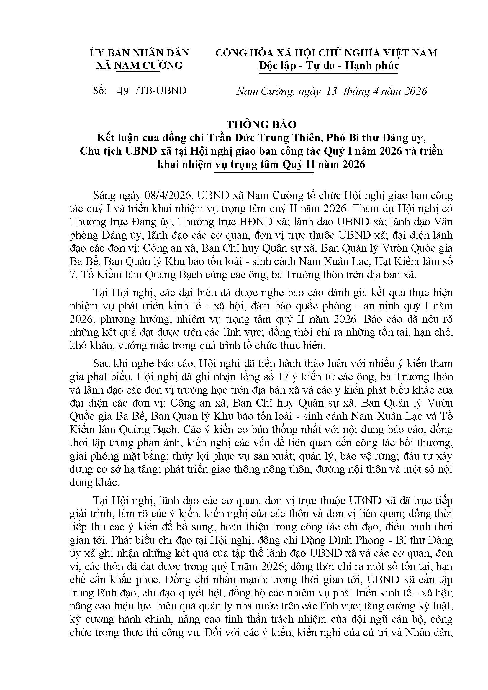 Kết luận của đồng chí Phó Bí thư Đảng ủy, Chủ tịch UBND xã tại Hội nghị giao ban công tác Quý I năm 2026 và triển khai nhiệm vụ trọng tâm Quý II năm 2026