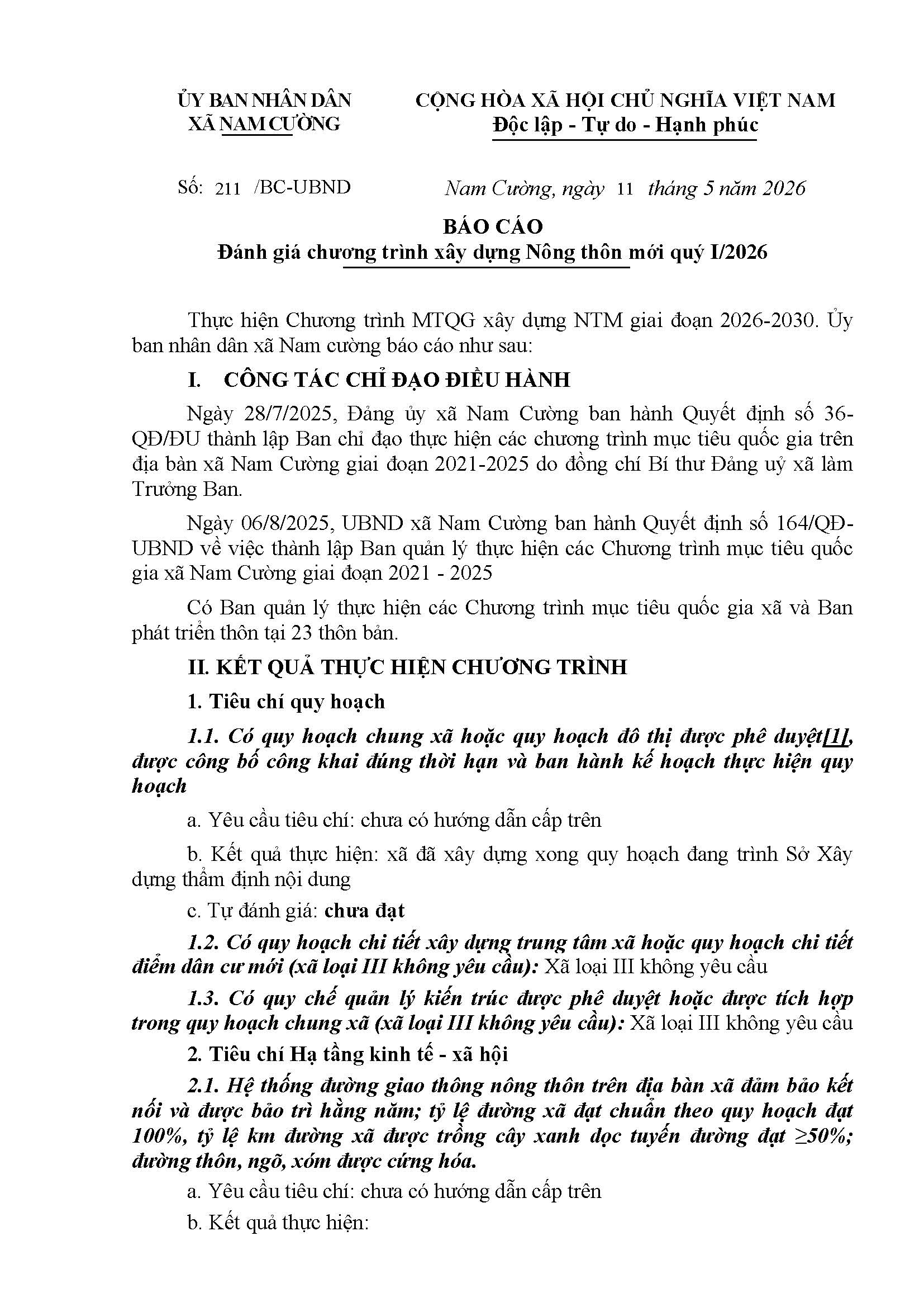 Ngày 11 tháng 5 năm 2026 UBND xã Nam Cường ban hành bao cáo số 211. Đánh giá chương trình xây dựng Nông thôn mới quý I/2026