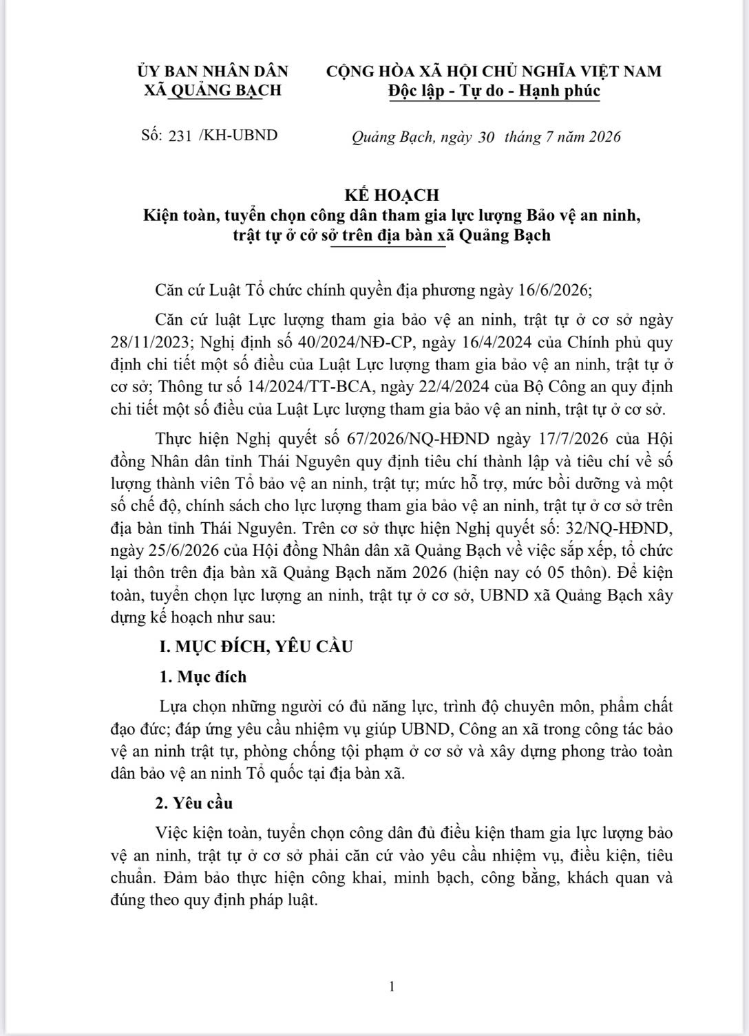 KẾ HOẠCH Kiện toàn, tuyển chọn công dân tham gia lực lượng Bảo vệ an ninh,  trật tự ở cở sở trên địa bàn xã Quảng Bạch