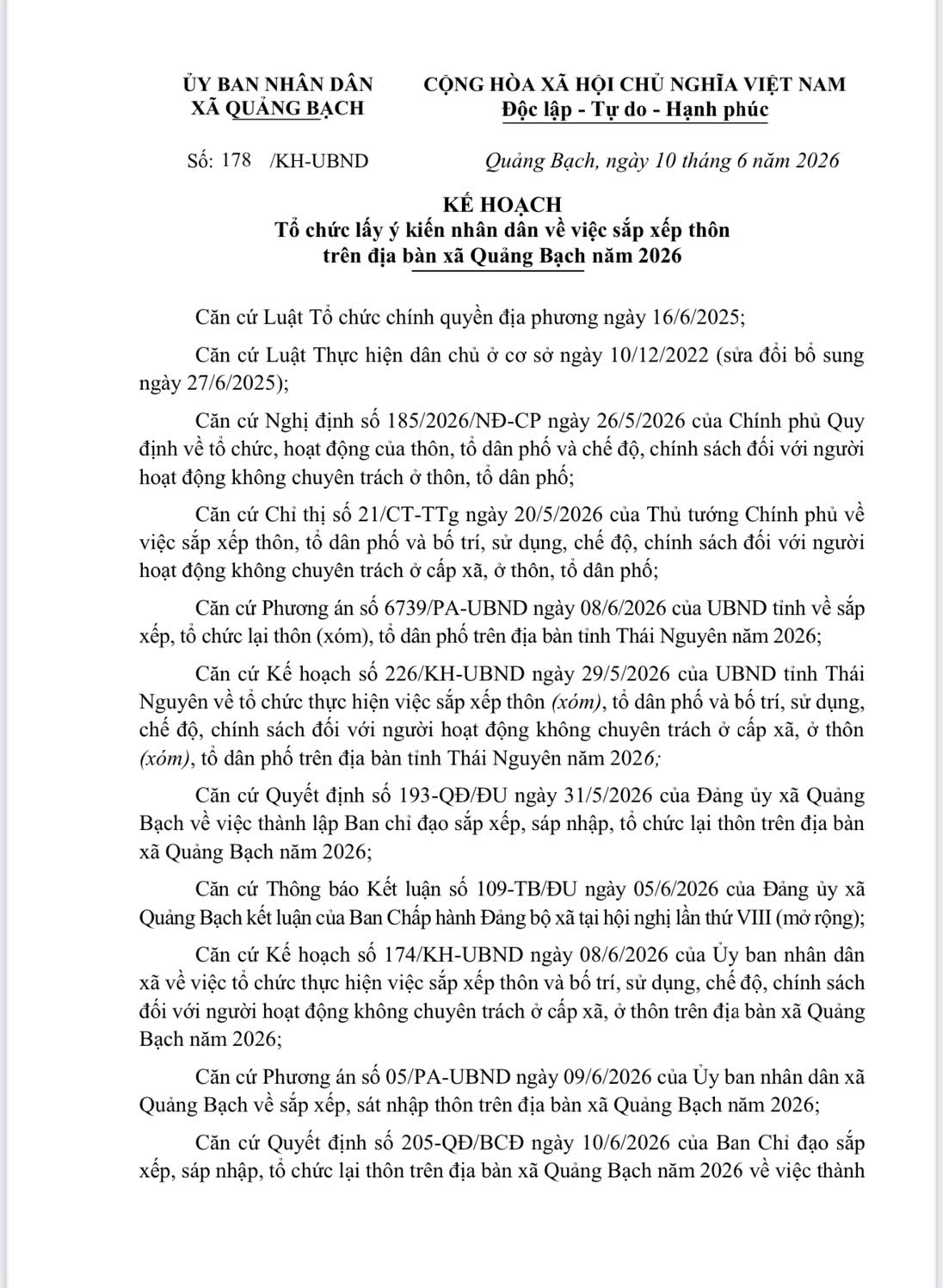 XÃ QUẢNG BẠCH BAN HÀNH KẾ HOẠCH TỔ CHỨC LẤY Ý KIẾN NHÂN DÂN VỀ VIỆC SẮP XẾP THÔN NĂM 2026