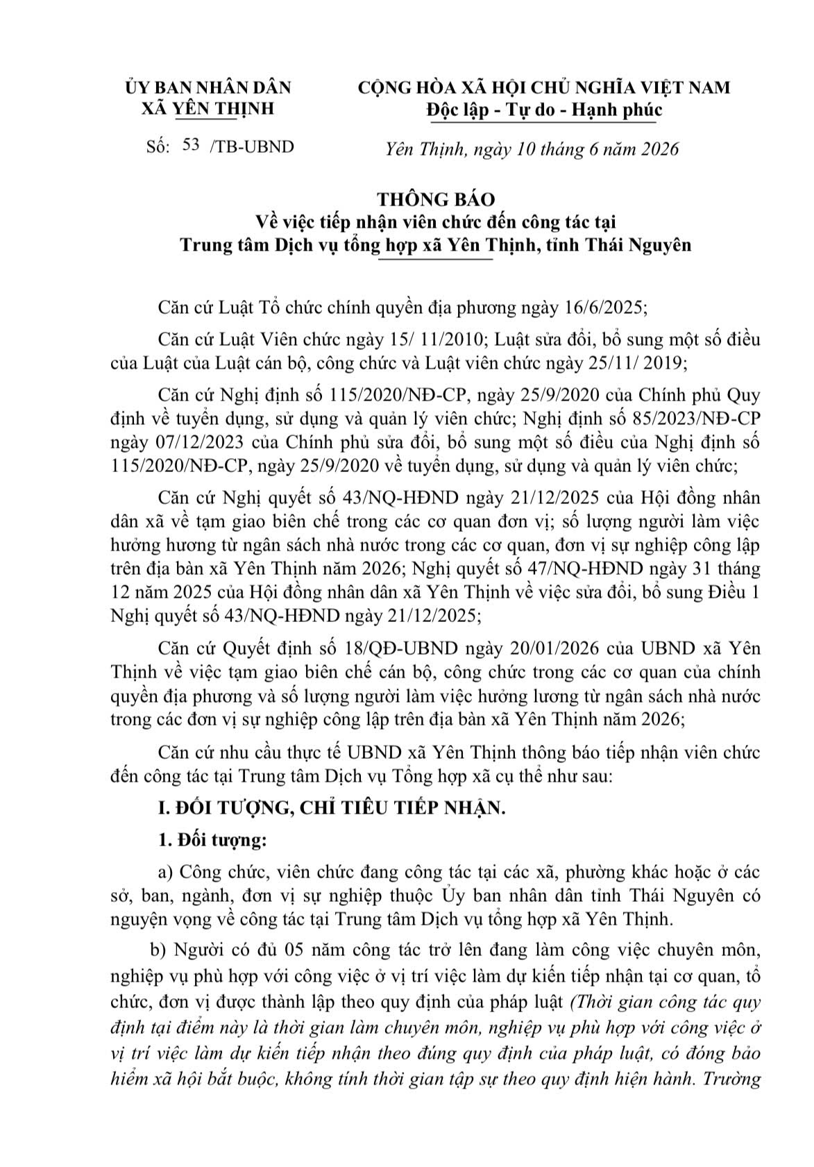 Thông báo về việc tiếp nhận viên chức đến công tác tại Trung tâm Dịch vụ tổng hợp xã Yên Thịnh, tỉnh Thái Nguyên