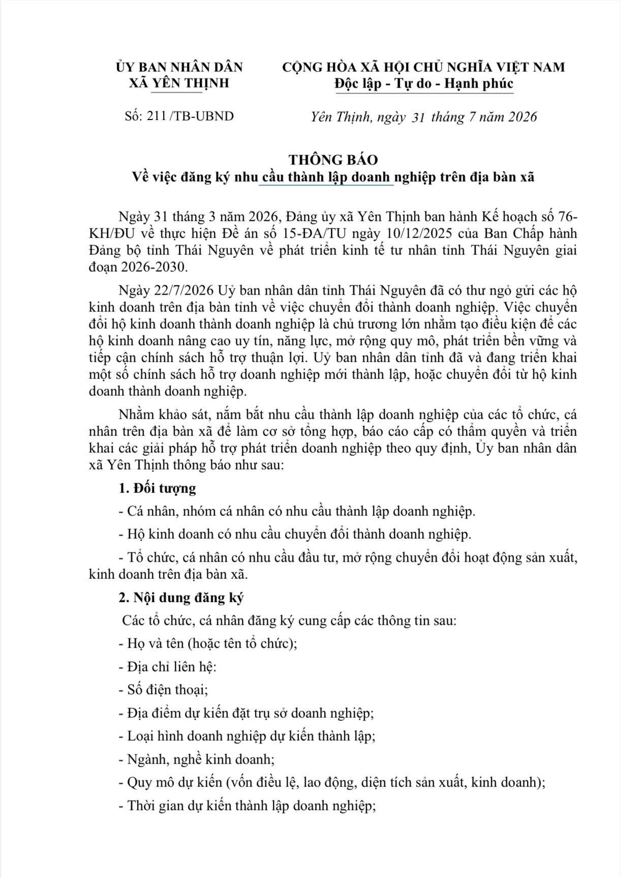 Thông báo về việc đăng ký nhu cầu thành lập doanh nghiệp trên địa bàn xã 