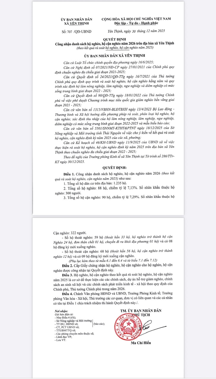 QUYẾT ĐỊNH Công nhận danh sách hộ nghèo, hộ cận nghèo năm 2026 trên địa bàn xã Yên Thịnh