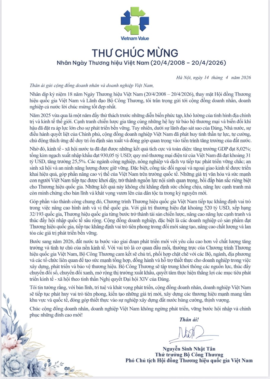 Thư chúc mừng của Bộ trưởng Bộ Công Thương nhân Ngày Thương hiệu Việt Nam (20/04/2008 - 20/04/2026)