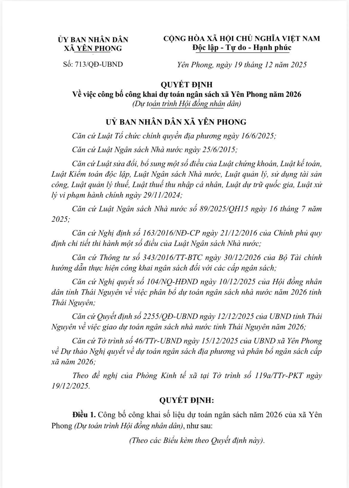 Quyết định số 713/QĐ-UBND về việc công bố công khai dự toán ngân sách xã Yên Phong năm 2026