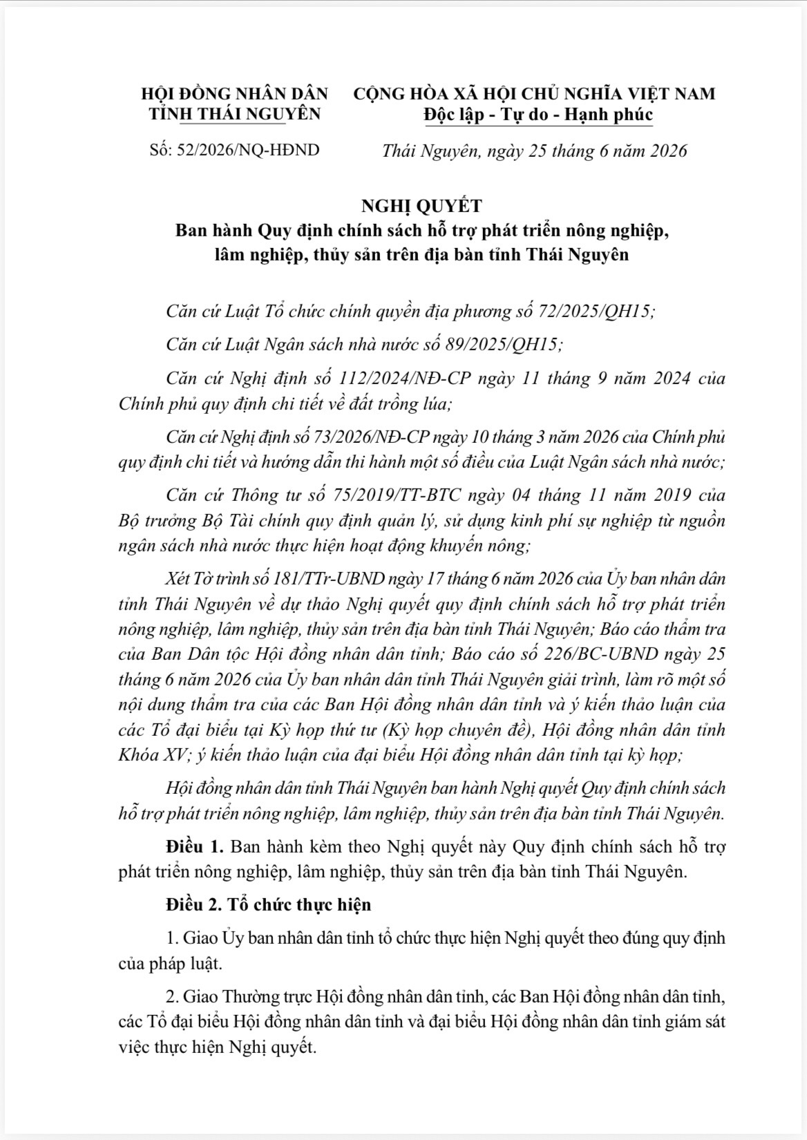 Nghị quyết số 52/2026/NQ-HĐND, ngày 25/6/2026 của HĐND tỉnh Thái Nguyên quy định chính sách hỗ trợ phát triển nông nghiệp, lâm nghiệp, thủy sản trên địa bàn tỉnh Thái Nguyên
