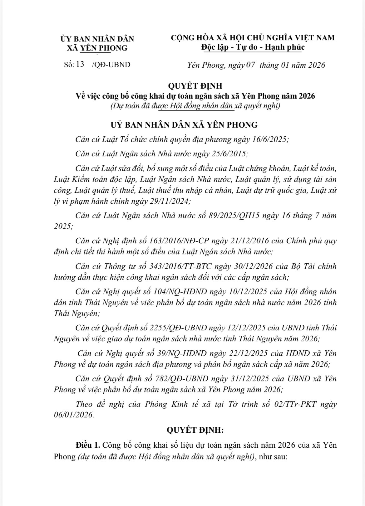 QUYẾT ĐỊNH số 13/QĐ-UBND Về việc công bố công khai dự toán ngân sách xã Yên Phong năm 2026