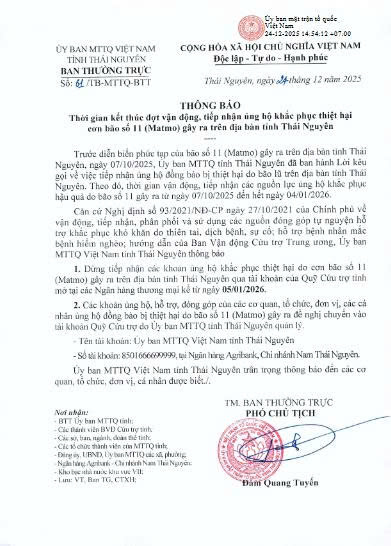 Thông báo thời gian kết thúc đợt vận động, tiếp nhận ủng hộ khắc phục thiệt hại cơn bão số 11 (Manto) gây ra trên địa bàn tỉnh Thái Nguyên