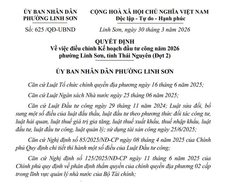 QUYẾT ĐỊNH Về việc điều chỉnh Kế hoạch đầu tư công năm 2026 phường Linh Sơn, tỉnh Thái Nguyên (Đợt 2)