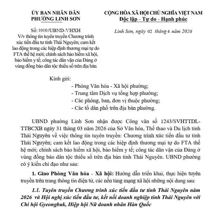 Về việc thông tin tuyên truyền Chương trình xúc tiến đầu tư tỉnh Thái Nguyên; cam kết lao động trong các hiệp định thương mại tự do FTA thế hệ mới; chính sách bảo hiểm xã hội, bảo hiểm y tế; công tác dân vận của Đảng ở vùng đồng bào dân tộc thiểu số trên địa bàn.