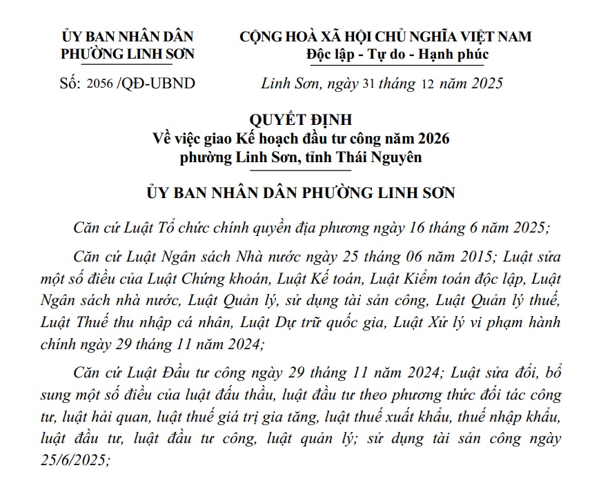 QUYẾT ĐỊNH Về việc giao Kế hoạch đầu tư công năm 2026 phường Linh Sơn, tỉnh Thái Nguyên.