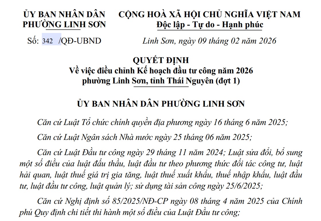 QUYẾT ĐỊNH Về việc điều chỉnh Kế hoạch đầu tư công năm 2026 phường Linh Sơn, tỉnh Thái Nguyên (đợt 1)