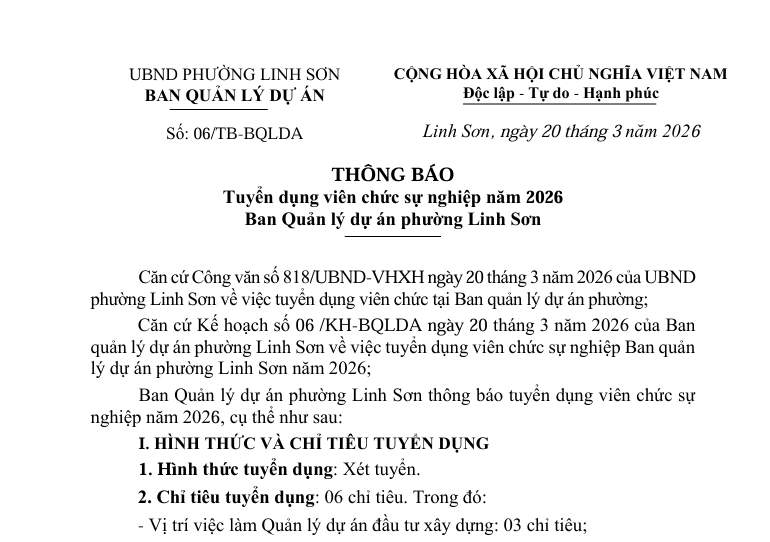 THÔNG BÁO Tuyển dụng viên chức sự nghiệp năm 2026 Ban Quản lý dự án phường Linh Sơn.