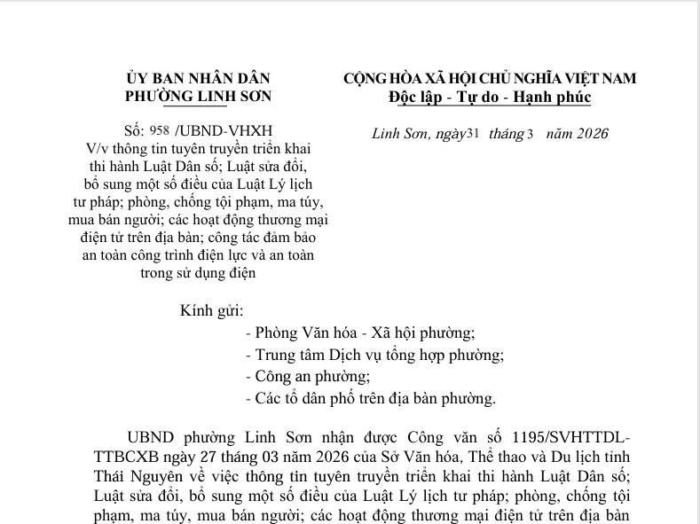 V/v thông tin tuyên truyền triển khai  thi hành Luật Dân số; Luật sửa đổi,  bổ sung một số điều của Luật Lý lịch  tư pháp; phòng, chống tội phạm, ma túy,  mua bán người; các hoạt động thương mại  điện tử trên địa bàn; công tác đảm bảo  an toàn công trình điện lực và an toàn  trong sử dụng điện.