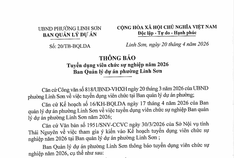 THÔNG BÁO Tuyển viên chức sự nghiệp năm 2026 Ban Quản lý dự án phường Linh Sơn.