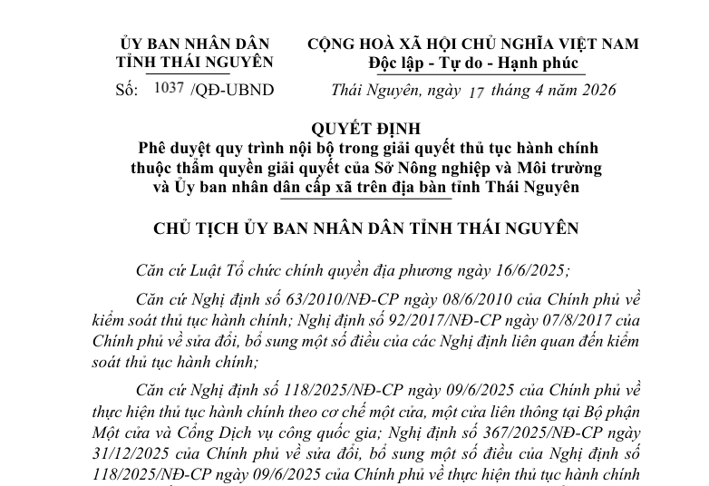 QUYẾT ĐỊNH  Phê duyệt quy trình nội bộ trong giải quyết thủ tục hành chính thuộc thẩm quyền giải quyết của Sở Nông nghiệp và Môi trường và Ủy ban nhân dân cấp xã trên địa bàn tỉnh Thái Nguyên .