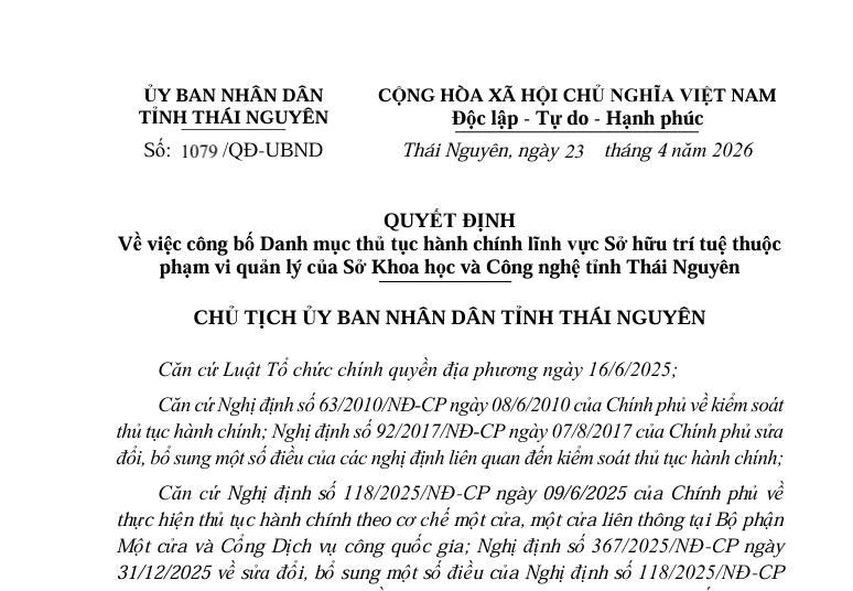 QUYẾT ĐỊNH  Về việc công bố Danh mục thủ tục hành chính lĩnh vực Sở hữu trí tuệ thuộc  phạm vi quản lý của Sở Khoa học và Công nghệ tỉnh Thái Nguyên.