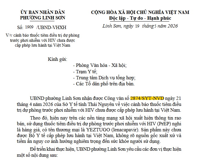 V/v cảnh báo thuốc tiêm điều trị dự phòng trước phơi nhiễm với HIV chưa được cấp phép lưu hành tại Việt Nam.