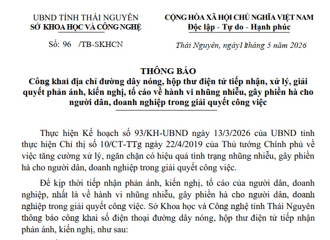 Thông báo Công khai địa chỉ đường dây nóng, hộp thư điện tử tiếp nhận, xử lý, giải quyết phản ánh, kiến nghị, tố cáo về hành vi nhũng nhiễu, gây phiền hà cho người dân, doanh nghiệp trong giải quyết công việc.