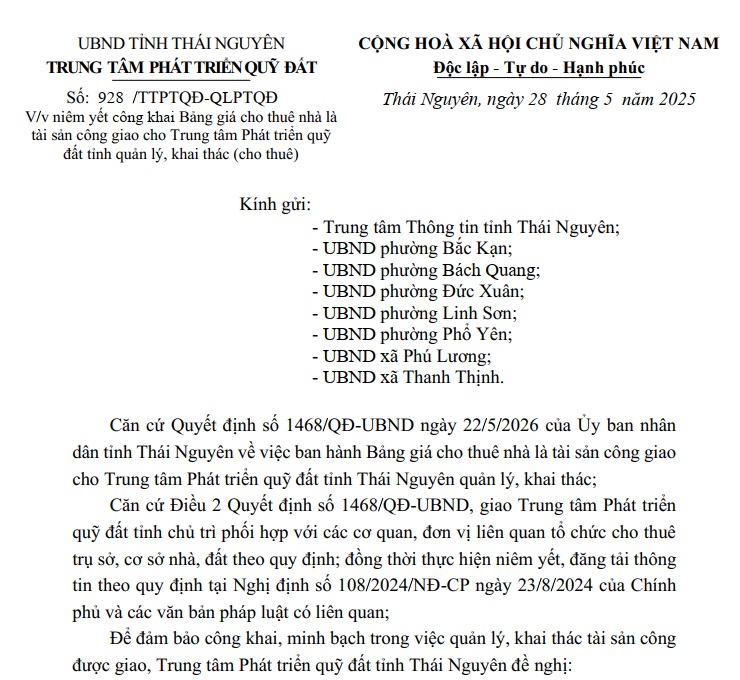 Về việc niêm yết công khai Bảng giá cho thuê nhà là tài sản công giao cho Trung tâm Phát triển quỹ đất tỉnh quản lý, khai thác (cho thuê).