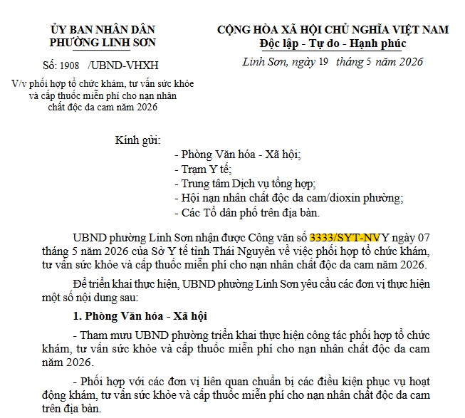 V/v phối hợp tổ chức khám, tư vấn sức khỏe và cấp thuốc miễn phí cho nạn nhân chất độc da cam năm 2026.