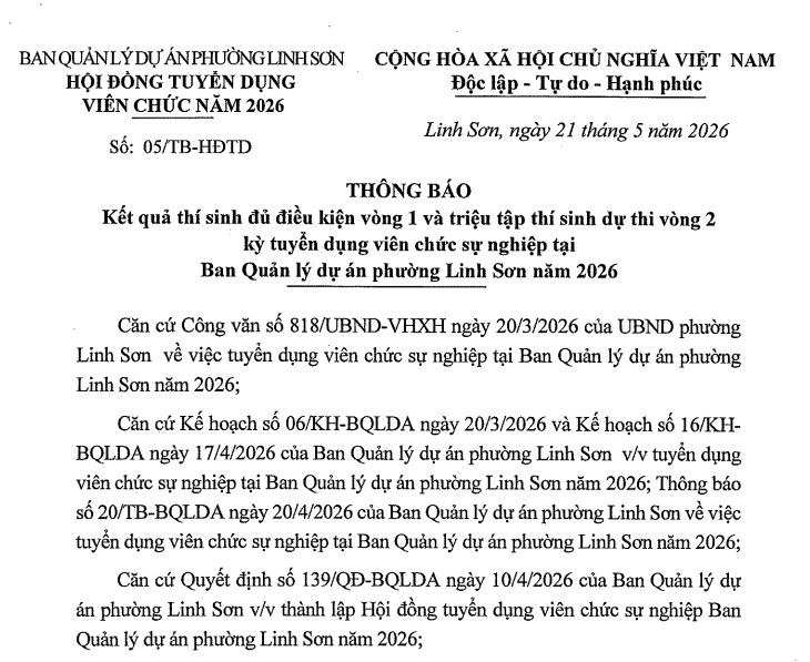 Thông báo Kết quả thí sinh đủ điều kiện vòng 1 và triệu tập thí sinh dự thi vòng 2 kỳ tuyển dụng viên chức sự nghiệp tại Ban Quản lý Dự án phường Linh Sơn năm 2026.