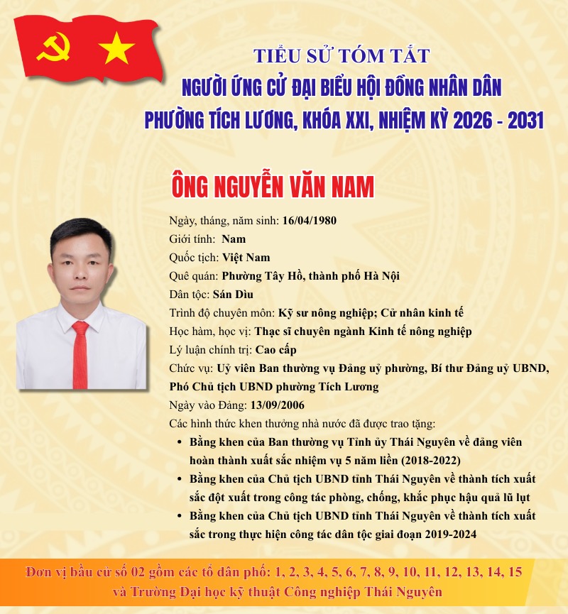 TIỂU SỬ VÀ TÓM TẮT QUÁ TRÌNH CÔNG TÁC CỦA ĐỒNG CHÍ NGUYỄN VĂN NAM, UỶ VIÊN BAN THƯỜNG VỤ ĐẢNG UỶ PHƯỜNG, BÍ THƯ ĐẢNG UỶ UBND, PHÓ CHỦ TỊCH UBND PHƯỜNG TÍCH LƯƠNG, TỈNH THÁI NGUYÊN